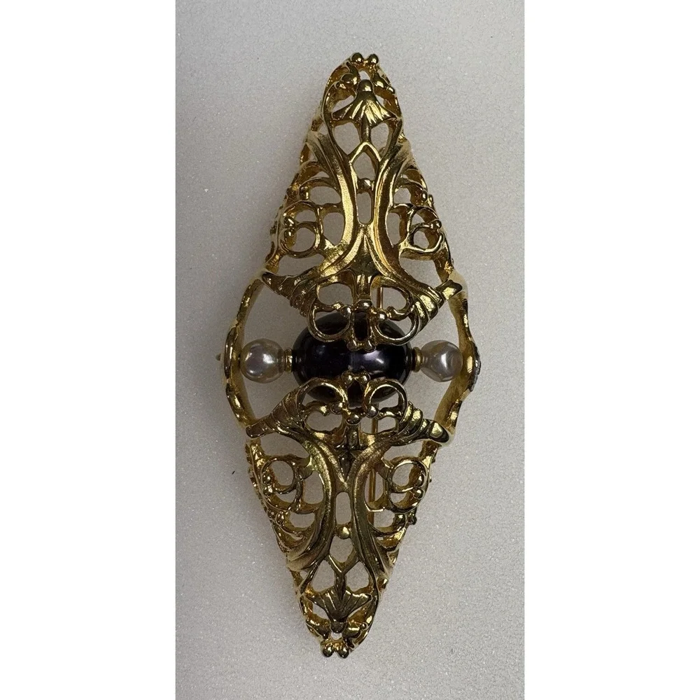 Vintage Napier 1980s Brooch Gold Filigree Faux Pearl Purple Cabochon Book Piece